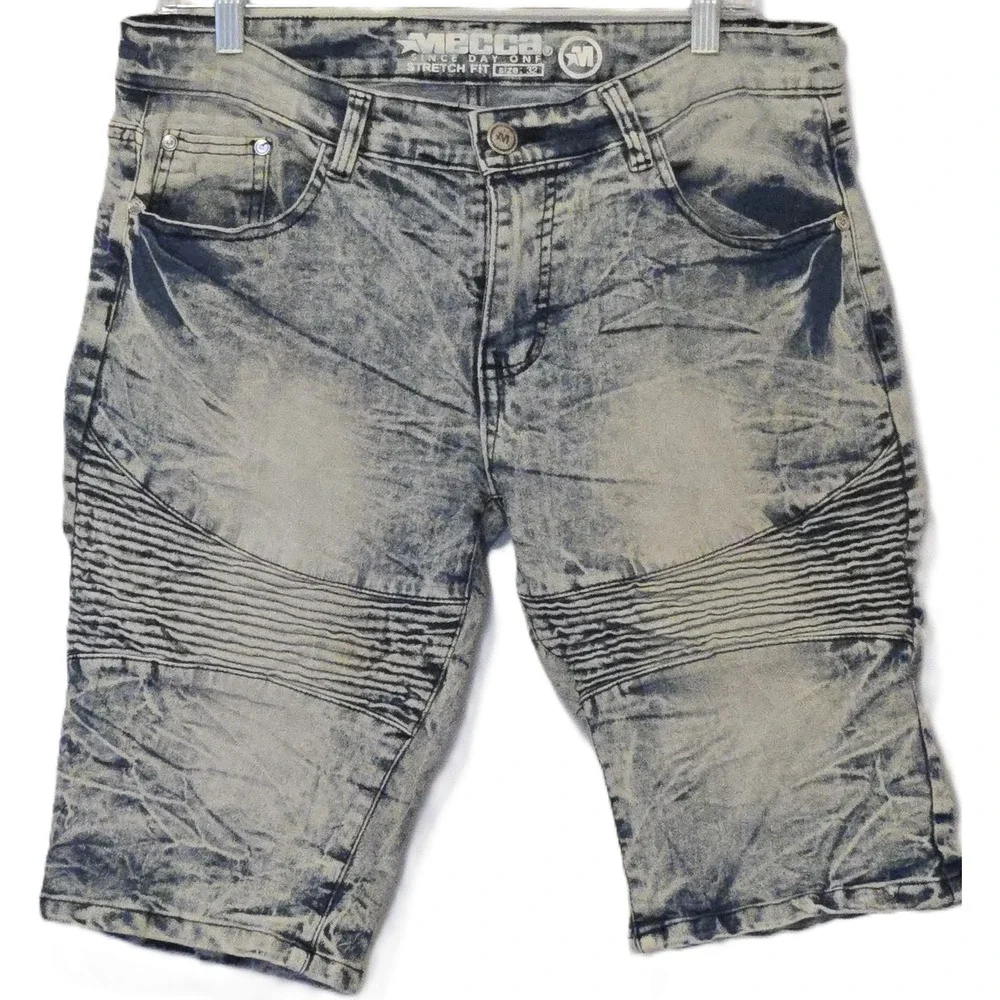 MBECCA Men's Denim Biker Shorts‎ Acid Wash Blue Moto Stretch Fit 32
